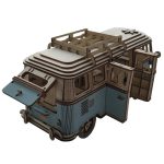Detailliertes Holzmodell eines VW-Bulli mit Dachgepäckträger, Fenster und Türen, perfekt für Science- und Dekorationsliebhaber.