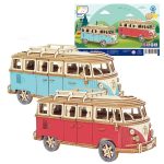 Detailliertes Holzmodell eines VW-Busses in Blau und Rot, ideal für Dekoration und Wissenschaftsprojekte.