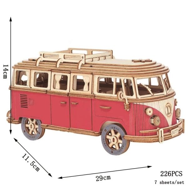 Detailliertes Holzmodell eines VW-Busses im Vintage-Stil, perfekt für Science- und Dekorationsliebhaber, mit realistischen Details und einer Größe von 29 cm Länge.