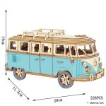 Detailliertes Holzmodell eines VW-Busses in Blau und Naturholz, ideal für Wissenschafts- und Dekorationszwecke.