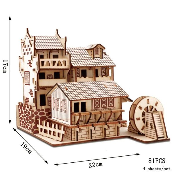 Detailliertes Holzmodell eines historischen Hauses mit Wassermühle, perfekt für Wissenschafts- und Dekorationsliebhaber, Maße: 17x22x19 cm, bestehend aus 81 Teilen.