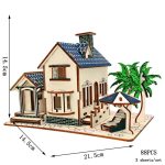 Detailliertes Miniaturmodell eines wissenschaftlichen Hauses mit Garten, Sonnenschirm und Palmen, ideal für Dekoration und Bildung.