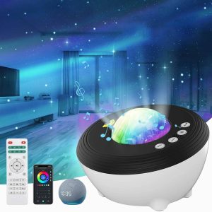 Lichtprojektor mit Musikfunktion, Sternenhimmel-Projektion, ideal für Schlafzimmer und Kinderzimmer, inklusive Fernbedienung, App-Steuerung und Nachtlicht.