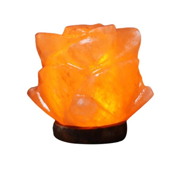 Leuchtende Salzkristall-Lampe in Lotus-Form, ideal für Dekoration und Ambiente, mit warmem orangefarbenem Licht.