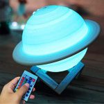 LED-Saturnmodell mit Fernbedienung und Holzständer.