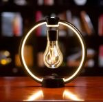 Innovatives Lampendesign mit einer leuchtenden Glühbirne, umgeben von einem kreisförmigen Rahmen, ideal für wissenschaftliche Dekorationen und moderne Inneneinrichtung.
