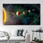 Farbige Darstellung unseres Sonnensystems mit Planeten und Sternen, ideal als wissenschaftliche Dekoration für das Zuhause oder Büro.