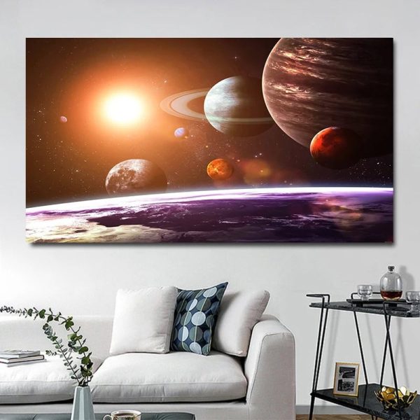Himmlisches Sonnensystem mit Planeten, Sonnenlicht und Sternen, dekoratives Wandbild für Wissenschafts- und Raumfahrtliebhaber.