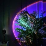 Moderne Pflanzeninstallation mit leuchtendem Neon-Hintergrund in einem stilvollen Raum, ideal für Dekoration und wissenschaftliche Themen.