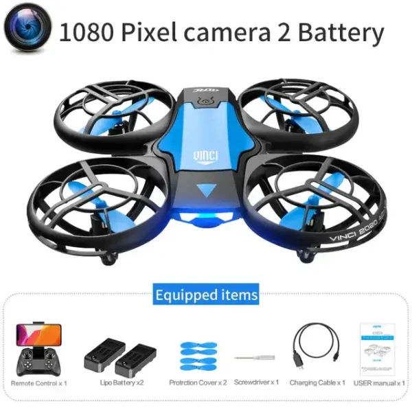 Kleine Drohne mit 1080p Kamera, inklusive Ersatzbatterien, Ladegerät, Schraubenzieher und Bedienungsanleitung, ideal für Anfänger und Hobbyisten.