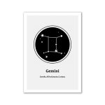 Sternbild Zwillinge, symbolisiert durch zwei verbundenen Sterne, auf schwarzem Hintergrund, ideal für wissenschaftliche Dekorationen und Geschenke.