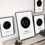 Wanddekoration mit stilisierten Sternbildern der Tierkreiszeichen Aries, Capricorn, Leo und Scorpio in schwarzem Design auf weißem Hintergrund.