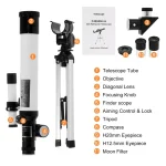 Hochwertiges Teleskop-Set mit Zubehör, inklusive Objektiv, Diagonallinse, Fokussierknopf, Sucher, Stativ, Kompass, Okulare und Mondfilter für Hobbyastronomen.