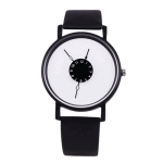Moderne Armbanduhr mit minimalistischem Zifferblatt und schwarzem Lederarmband, ideal für Wissenschafts- und Dekorationsliebhaber.