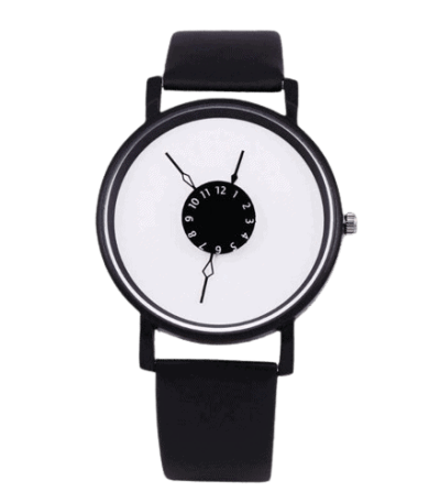 Moderne Armbanduhr mit minimalistischem Zifferblatt und schwarzem Lederarmband, ideal für Wissenschafts- und Dekorationsliebhaber.