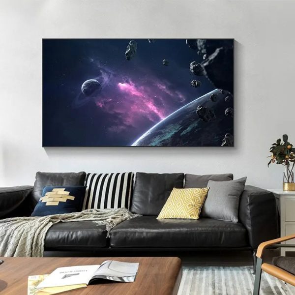 Hochwertiges Wandbild eines Sternenhimmels mit Planeten und Asteroiden, ideal für Wissenschafts- und Raumfahrtdekorationen.