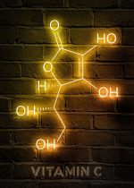 Leuchtende Neon-Dekoration eines Vitamin C Moleküls an einer Ziegelwand, ideal für Wissenschafts- und Dekorationsliebhaber, schafft eine moderne und leuchtende Atmosphäre.