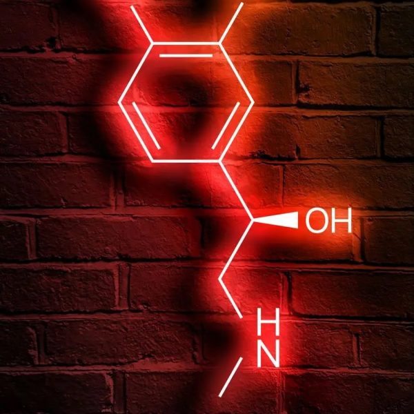 Leuchtendes Neon-Schild mit der chemischen Struktur von Adrenalin, hervorgehoben durch rotes Licht, an einer Ziegelwand angebracht, zeigt die chemische Formel und den Namen.