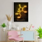Modernes Wandbild mit leuchtender Vitamin C Molekül-Darstellung auf dunklem Hintergrund, ideal für wissenschaftliche Dekorationen und Gesundheitsräume.