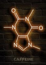 Neon-Leuchte des Koffeinmoleküls an einer Ziegelwand, beleuchtet mit warmem Licht, ideal für wissenschaftliche Dekorationen und Gadgets.