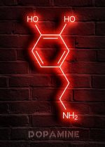 Leuchtendes Neon-Schild zeigt die chemische Struktur von Dopamin mit HO- und NH2-Gruppen, an einer roten Backsteinwand.