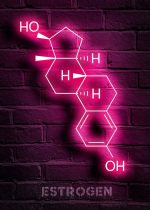 Neonlicht-Darstellung der Estrogenmolekülstruktur vor roter Ziegelwand, leuchtend pinkfarben, wissenschaftliches Dekor für Labore, Bildungseinrichtungen oder moderne Wohnräume.