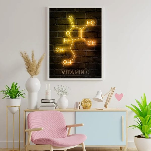 Modernes Wandbild mit leuchtender Vitamin C Molekül-Darstellung auf dunklem Hintergrund, ideal für wissenschaftliche Dekorationen und Gesundheitsräume.