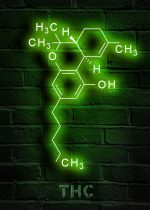 Leuchtendes Neonbild einer THC-Molekülstruktur an einer dunklen Ziegelwand, hervorgehoben durch grünes Licht, symbolisiert den chemischen Wirkstoff in Cannabis.