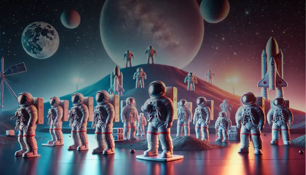 Modell von Astronauten in Raumanzügen auf einer futuristischen Mondlandschaft mit Planeten im Hintergrund, ideal für Wissenschafts- und Raumfahrtdekorationen.