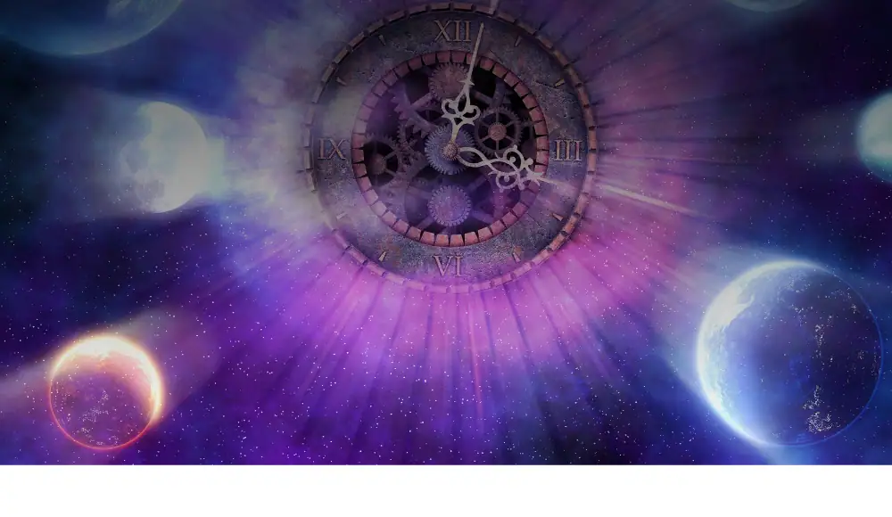 Eine futuristische Uhr mit sichtbaren Zahnrädern schwebt im Weltraum, umgeben von Planeten und Sternen, symbolisiert die Verbindung von Zeit und Kosmos.
