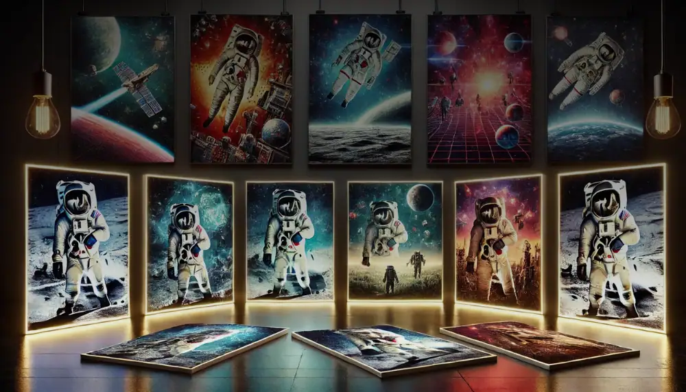 Hochwertige Wandbilder mit Astronautenmotiven und Weltraumlandschaften, ideal für Science-Fiction-Fans und Dekoration im Science-Gadget-Shop.