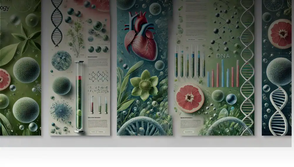 Wissenschaftliche Dekoration mit Herz, DNA, Zellen und Diagrammen für Bildungs- und Laborräume.