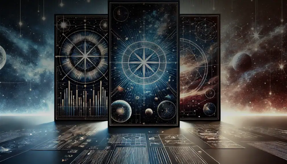 Moderne Weltraum- und Sternenkarte mit wissenschaftlichen Diagrammen und Sternbildern, ideal für Dekoration und wissenschaftliche Sammlungen.