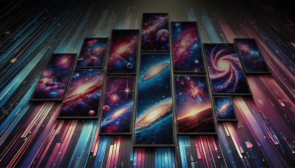 Künstliche Galaxy- und Weltraummotive auf mehreren rechteckigen Bildschirmen, die ein faszinierendes Universum mit Sternen, Galaxien und Nebeln darstellen.