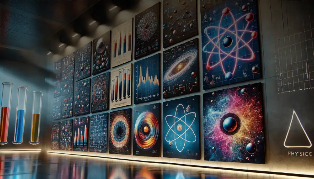 Hochwertige Wandbilder mit wissenschaftlichen Motiven, darunter Atome, Galaxien und physikalische Diagramme, ideal für Wissenschafts- und Dekorationsliebhaber.