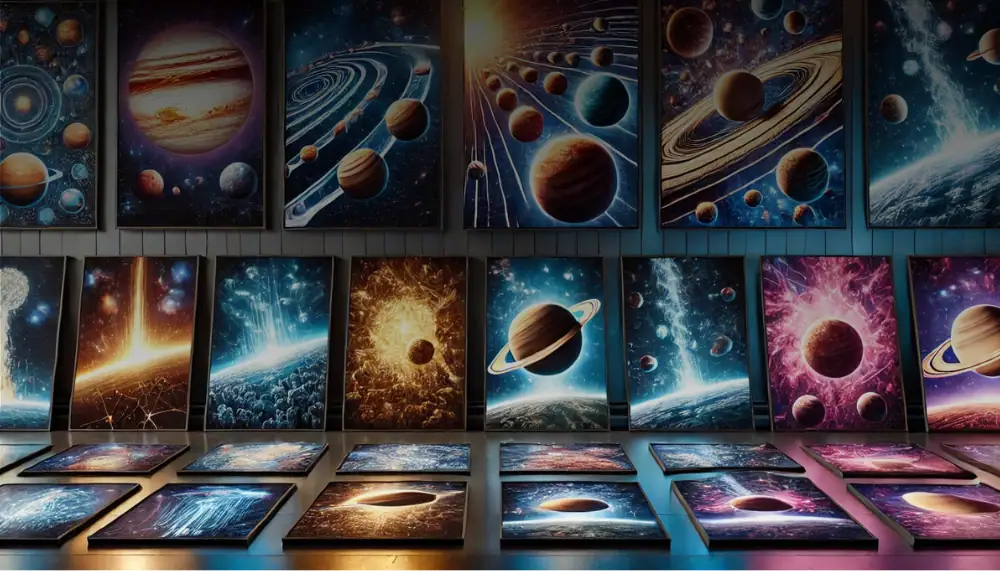 Künstlerische Darstellungen des Universums mit Planeten, Sternen und Galaxien, die als Wanddekorationen und wissenschaftliche Objekte präsentiert werden.