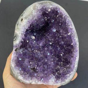 Nahaufnahme einer Amethyst-Druse mit violetten Kristallen, ideal als wissenschaftliches Dekorationsstück oder Sammlergegenstand.