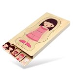 Holzpuzzle mit einer niedlichen Illustration eines Mädchens in rosa Kleid, geeignet für Kinder, zum Spielen und Lernen.