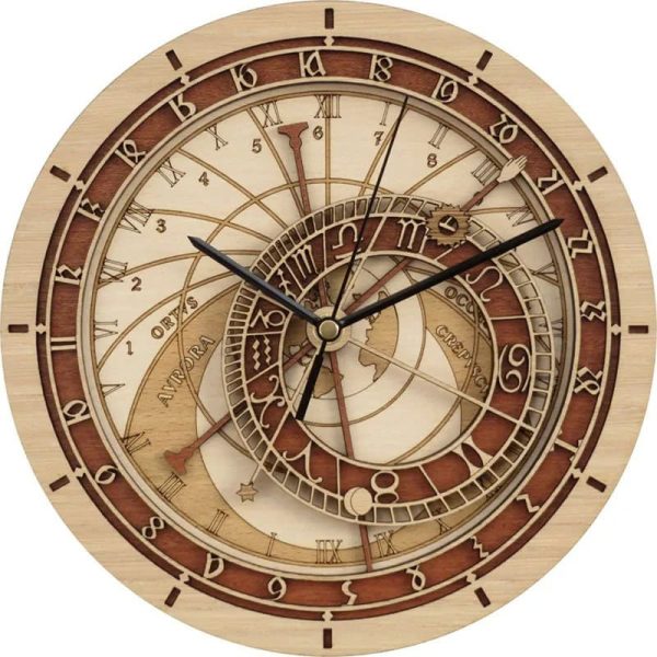 Wanduhr im antiken, wissenschaftlichen Stil mit komplexen Zifferblättern und Spiral-Design, perfekt für Dekorationen im wissenschaftlichen oder vintage Stil.