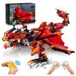 Detaillierter LEGO-ähnlicher Feuerdrache mit Fernsteuerung, ideal für Wissenschafts- und Dekorationsliebhaber, inklusive App- und Fernbedienung.