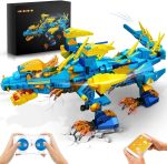 Detailliertes LEGO-Raumschiff in Blau und Gelb, mit beweglichen Flügeln und Klauen, auf einer weißen Oberfläche mit Crack-Details, inklusive Fernbedienung und Smartphone-Steuerung.