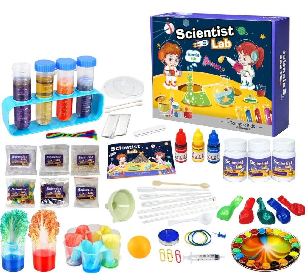 Wissenschaftliches Experimentierset für Kinder mit bunten Chemie- und Physik-Experimenten, inklusive Reagenzgläser, Pipetten, Farben, Messbecher und Zubehör für spannende Lernabenteuer.