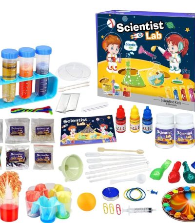 Wissenschaftliches Experimentierset für Kinder mit bunten Chemie- und Physik-Experimenten, inklusive Reagenzgläser, Pipetten, Farben, Messbecher und Zubehör für spannende Lernabenteuer.