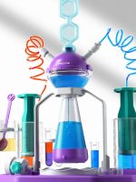 Modernes wissenschaftliches Experimentiergerät mit bunten Schläuchen und Reagenzgläsern, ideal für Bildungs- und Dekorationszwecke in wissenschaftlichem Ambiente.