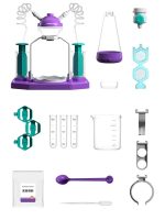 Wissenschaftliches Laborkit mit Reagenzgläsern, Messbecher, Pipette und Zubehör für Experimente und Dekoration.