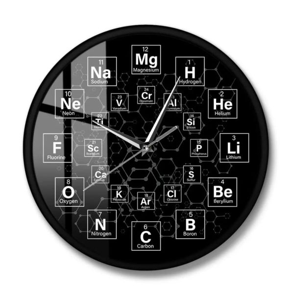 Modernes Wanduhr-Design mit chemischen Elementen aus dem Periodensystem, ideal für Wissenschafts- und Chemieliebhaber, stilvoll und funktional.