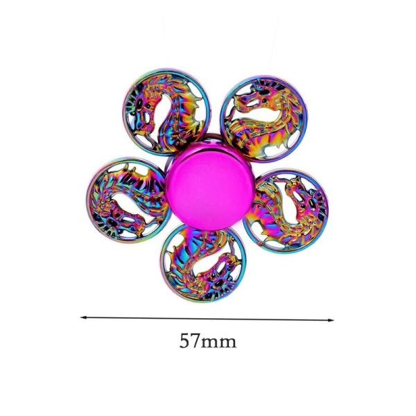 Bunte, holographische Drachen-Designs in einem fünfblättrigen Arrangement mit pinkem Zentrum, ideal für wissenschaftliche Dekorationen und Gadgets.