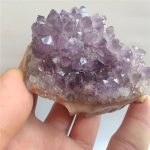 Nahaufnahme eines Amethyst-Kristalls, der in einer Geode eingebettet ist, mit violetten, facettierten Kristallen, die auf einem hellen Hintergrund leuchten.