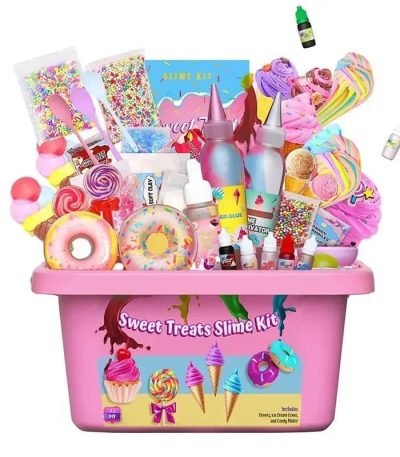 Buntes Schleim-Kit mit Süßigkeiten-Design, inklusive Farben, Glitzer, Spritzen und Dekorationen für kreatives Basteln und Spaß. Perfekt für Kinder und Bastelenthusiasten.