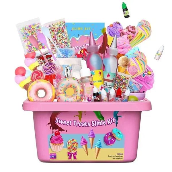Buntes Schleim-Kit mit Süßigkeiten-Design, inklusive Farben, Glitzer, Spritzen und Dekorationen für kreatives Basteln und Spaß. Perfekt für Kinder und Bastelenthusiasten.